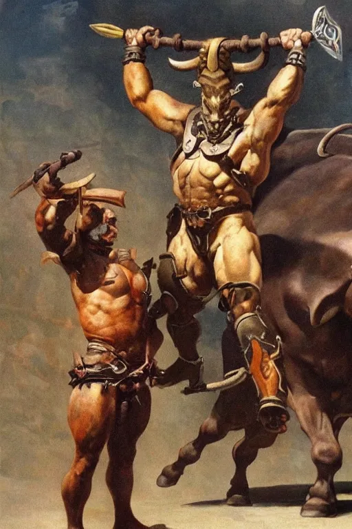 Prompt: a minotaur wearing a steel chestplate and holding a mace, human dressed as a bull, painting by frank frazetta