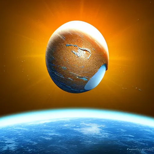 Image similar to the planet earth is the yolk of a galactic egg. the egg is cracked open and earth falls out. digital art, dramatic lighting, comedy, science fiction, concept art, epic fantasy, surreal.