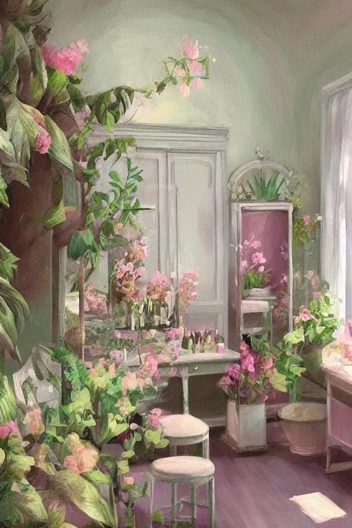 Prompt: beautiful digital matte painting of whimsical botanical illustration of shabby chic dressing room by greg rutkowki and edward hopper artstation
