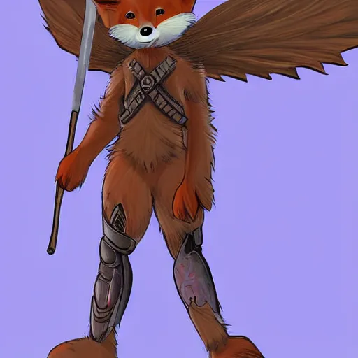 Prompt: Illustration of a cute young looking anthro fox with wings wearing valkyrie armor and holding a sword, digital art