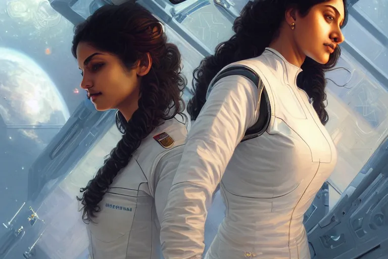 Image similar to Sensual beautiful female pale young Indian doctors wearing Deus Ex Human Revolution clothing in a space station above Earth, portrait, elegant, intricate, digital painting, artstation, concept art, smooth, sharp focus, illustration, art by artgerm and greg rutkowski and alphonse mucha