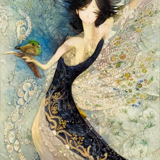 Prompt: meticulous, delicate niello inlay by john anster fitzgerald, by makoto shinkai. mixed media art. a woman is shown from behind, her body slightly blurred as if in motion. her long hair cascades down her back, & she is holding a small bird in her hand.