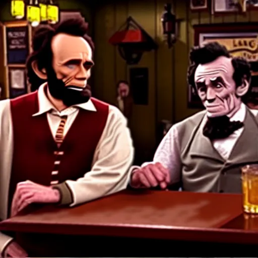 Image similar to The It's Always Sunny in Philadelphia episode where the gang meets Abe Lincoln Dee is there with Mac and so is Dennis they are at the bar, photo realistic, studio lighting, It's Always Sunny in Philadelphia