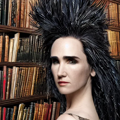 Prompt: jennifer connelly as odile the black swan, gray skin, disney villain, black feathers instead of hair, black feathers growing out of skin, losing control, black feathers growing out of face, black hands with black claws, gothic, in opulent library, highly detailed, comic book, romantic, mike mignogna, david mack, trending on artstation