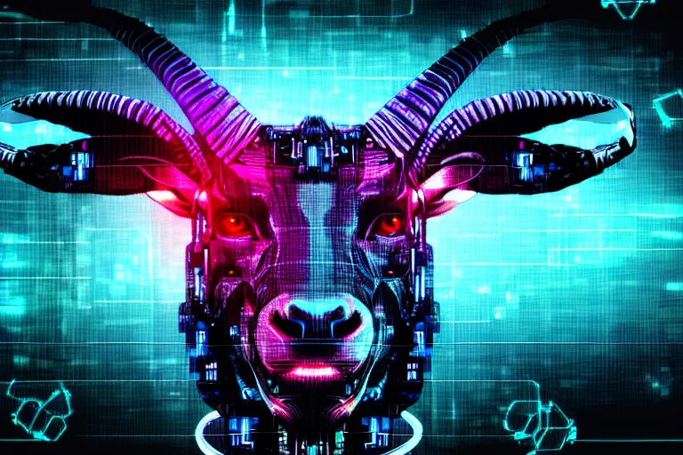 Image similar to complex cyberpunk machine background merged with evil cybernetic goat head in center focus, multicolored digital art