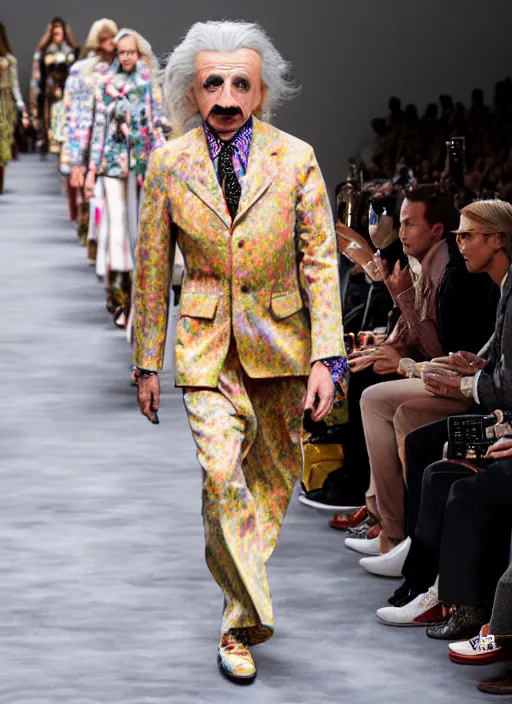 Image similar to hyperrealistic and heavy detailed gucci runway show of albert einstein, leica sl 2 5 0 mm, vivid color, high quality, high textured, real life