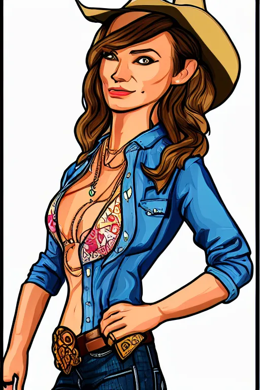 Prompt: full body gtav illustration of an intricately detailed cowgirl beautiful face