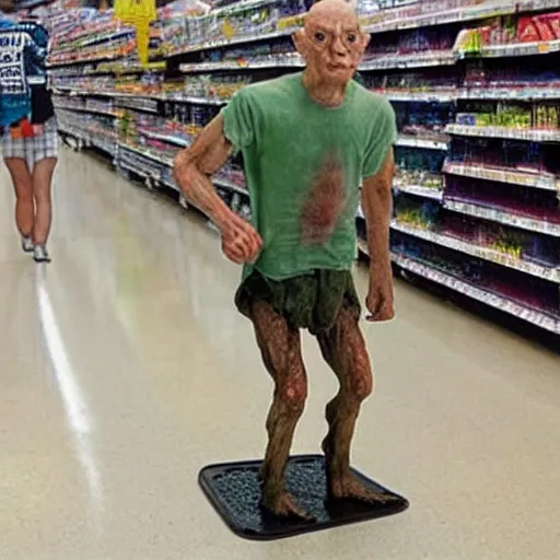 Image similar to gollum has giant chicken legs instead of his legs in a walmart
