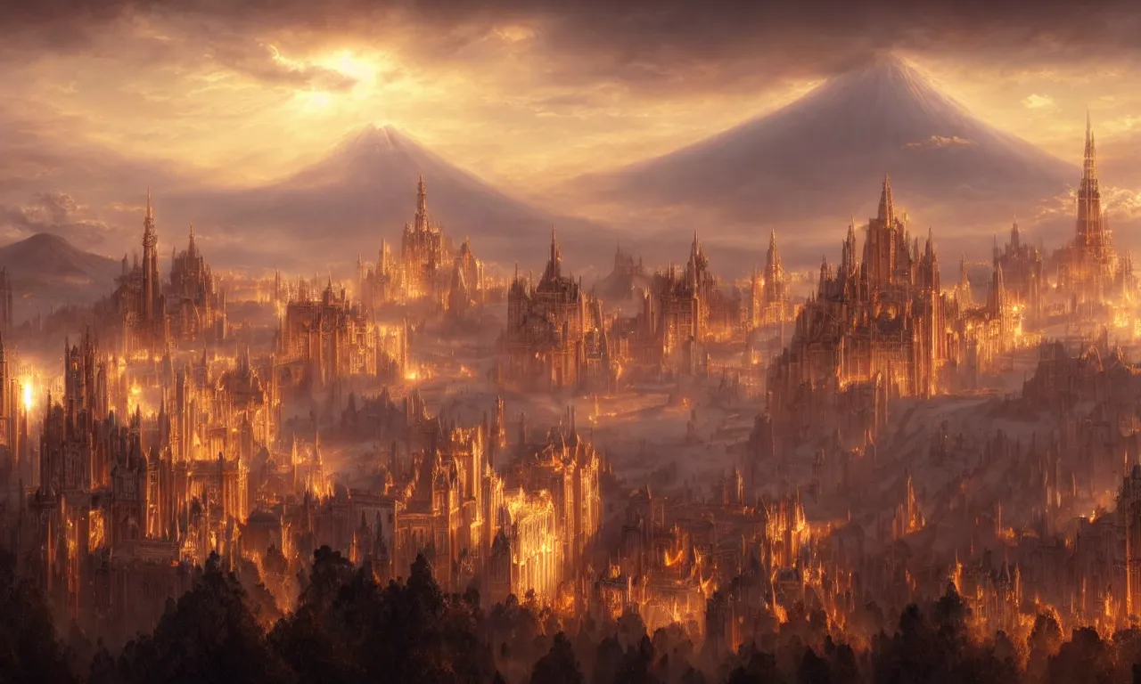 Image similar to beautiful gold fantasy city made from white stone and bright copper built on a volcano, gondor, misty, red sky, medieval city, metropolis, magic, gorgeous clouds, white marble, god rays, digital art, landscape, fantasy art, octane render, ureal engine, high detail, very realistic, by greg rutkowski. by james gurney