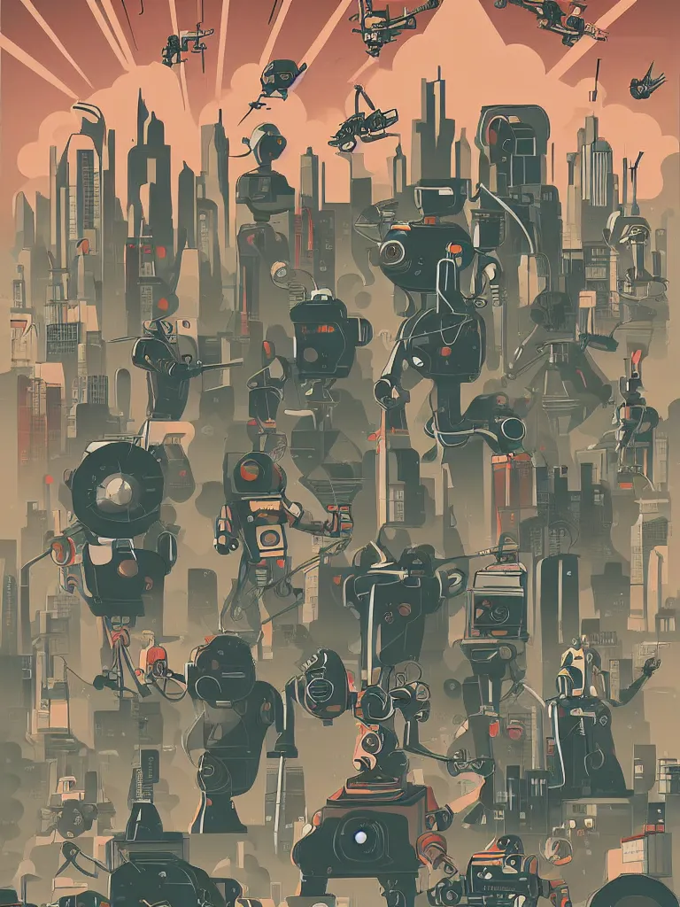 Prompt: tierra connor style poster illustration of a large retro science fiction robot battle above city neighbourhood, vintage muted colors, some grungy markings