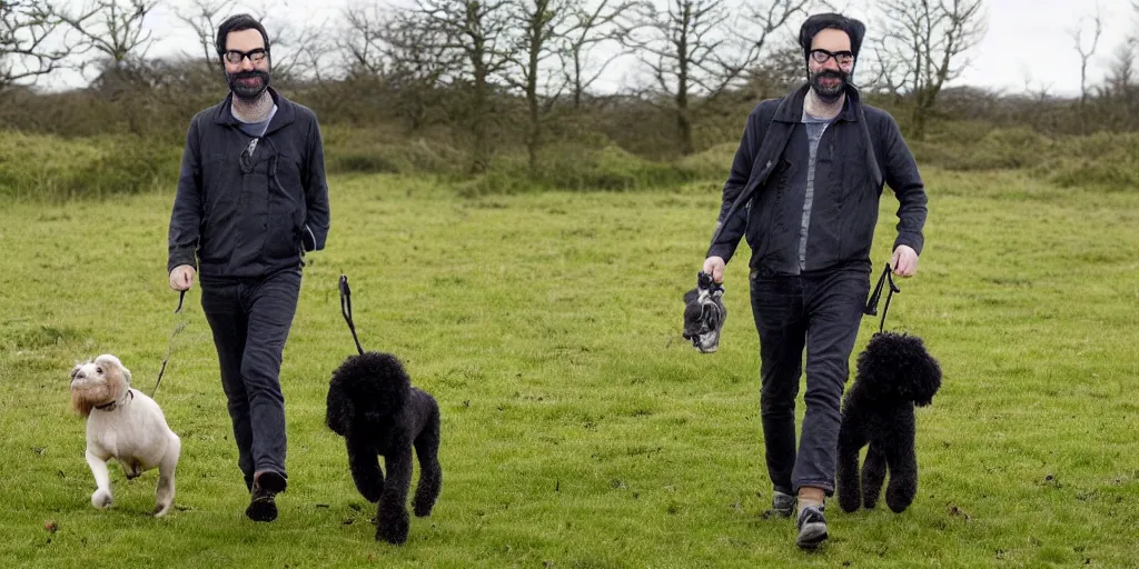 Image similar to adam buxton and his dog rosie recording a podcast while walking, norfolk, black dog, poodle-whippet, photorealistic