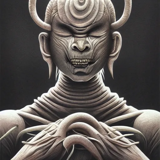 Image similar to naraka buddhist demon korean, happy female alien, tubular creature, blood vessels, no face, dystopian surrealism, alex ries zdzisław beksinski, symmetrical long head, smooth marble surfaces, smooth marble surfaces, detailed ink illustration, detailed ink illustration, raiden metal gear, cinematic smooth stone, deep aesthetic, concept art, intricate