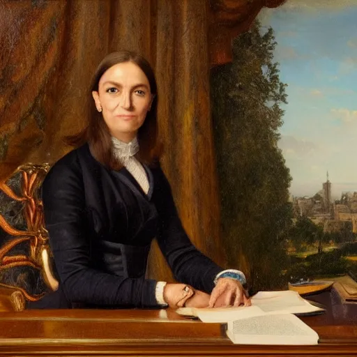 Image similar to official close - up portrait of liz truss in racoon city, alexandria ocasio - cortez, resolute desk, 1 8 4 8, oil on canvas by william sidney mount, trending on artstation, national archives,