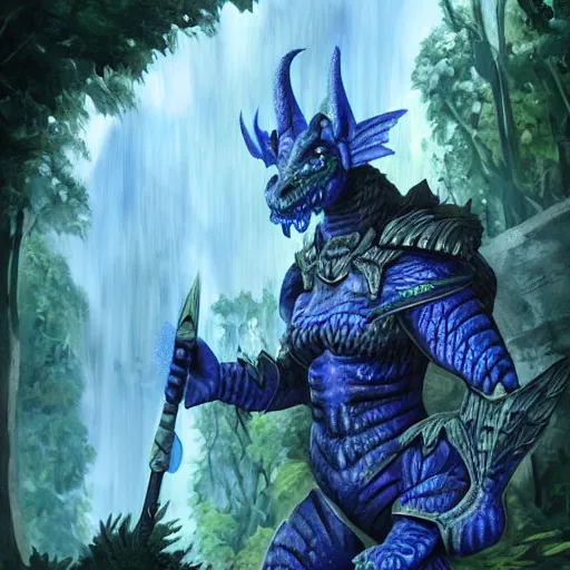Image similar to A dragonborn with blue scales in a rainforest, trending on artstation, digital art