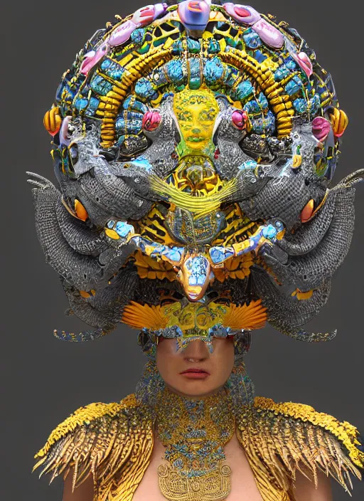 Image similar to 3 d goddess close - up profile portrait. beautiful intricate highly detailed mexican magpie helm and traditional mexican huipil! quetzalcoatl, stingray, bio luminescent, plasma, lava, ice, water, wind, stormy, creature, artwork by tooth wu and wlop and annie leibovitz, octane 3 d render