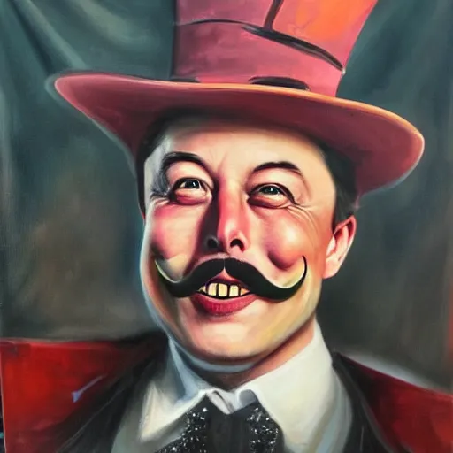 Prompt: elon musk as the grim-hatter with evil mustache grinning, cinematic, dark oil paint, realistic flavor, decaying rich colors!, photograph by tesla