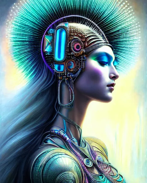 Image similar to hyperrealistic detailed portrait of a beautiful goddess in an iridescent cyber headdress, intricate cyberpunk make - up, art by android jones, john william godward, nekro borja, h. r. giger, gothic - cyberpunk,