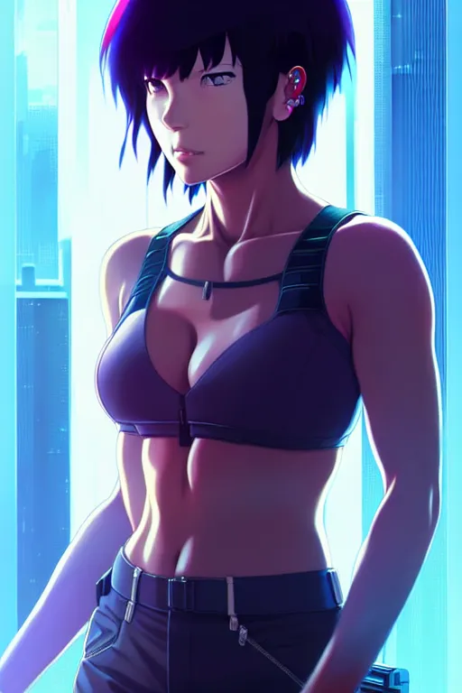 Image similar to a fullbody portrait of motoko kusanagi the major ghost in the shell : : stand alone complex, under repairs, maintenance : : by ilya kuvshinov, rossdraws, artgerm, sola digital arts, anti aliasing, raytracing : :