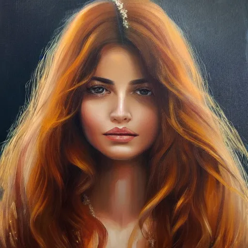 Prompt: beautiful portrait face centre oil on canvas of brunette with wavy hair Ebru Şahin, intricate, elegant, highly detailed, artstation, concept art, sharp focus, art by Alina Ivanchenko, Rob Ross, WLUP, artgerm