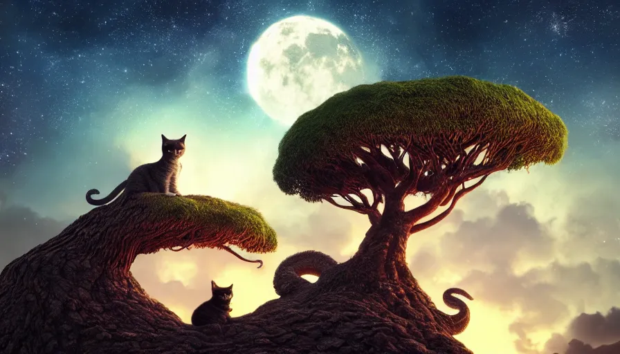 Prompt: very very small cat, sitting on a gigantic dragon tree in moonlit socotra island by ilya kuvshinov, starry night, rtx rendering, octane render 1 2 8 k, maya, extreme high intricate details by tom bagshaw, medium shot, close up shot, composition by sana takeda, lighting by greg rutkowski