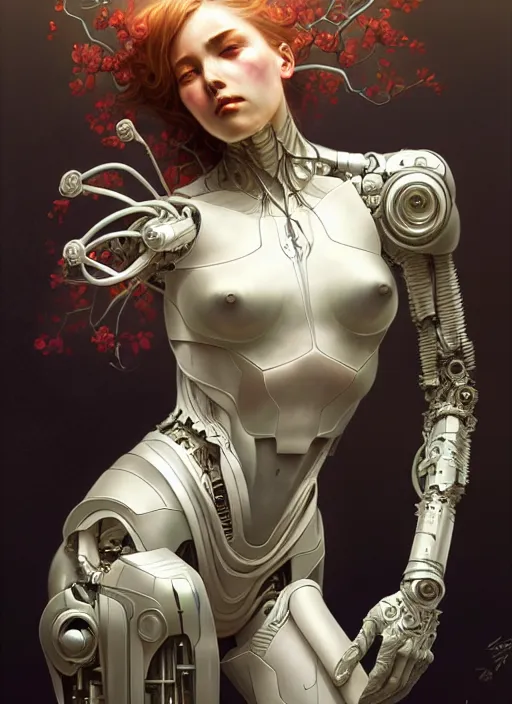 Image similar to organic cyborg, sakura, diffuse lighting, fantasy, intricate, elegant, highly detailed, lifelike, photorealistic, digital painting, artstation, illustration, concept art, smooth, sharp focus, art by John Collier and Albert Aublet and Krenz Cushart and Artem Demura and Alphonse Mucha