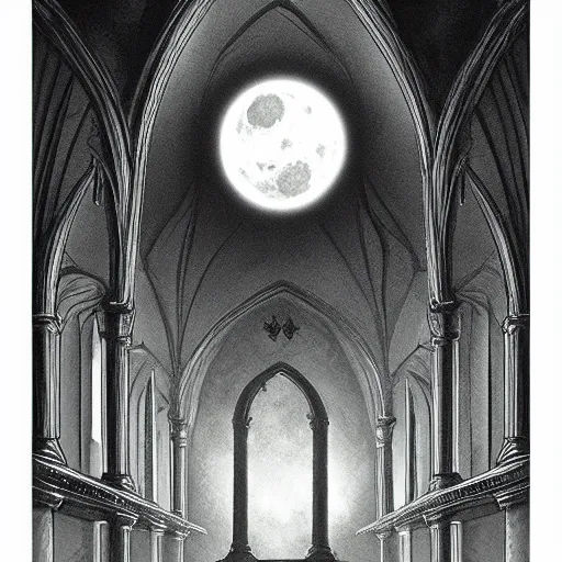 Prompt: large gothic hall with large eyes on the ceiling, horror movie, moonlight, artstation, detailed, colorfull, city pop