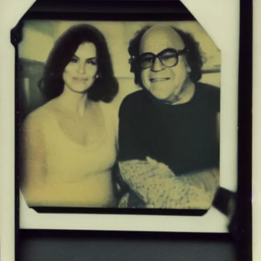 Prompt: found faded 1978 polaroid picture of my parents who look just like Danny Devito and Cindy Crawford