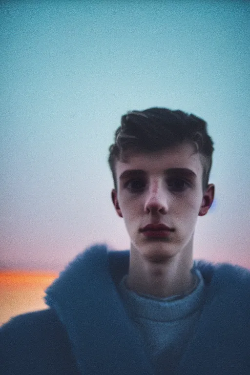 Image similar to high quality pastel coloured film mid angle selfie photograph of a beautiful young 2 0 year old male, soft features, standing in an icelandic black rock environment. atmospheric. three point light. photographic. art directed. ( pastel colours ). volumetric light. stark. waves glitch. 8 k. filmic.