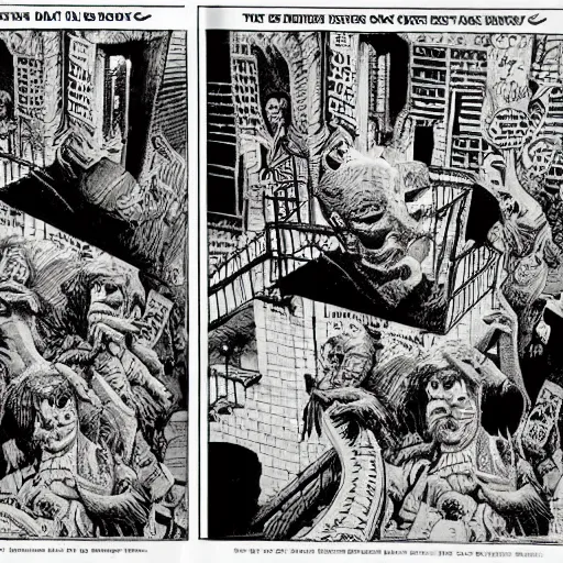 Prompt: a six panel pen and ink surrealist comic strip robert crumb jack davis mc escher masterpiece perfect composition very strange - w 1 0 2 4