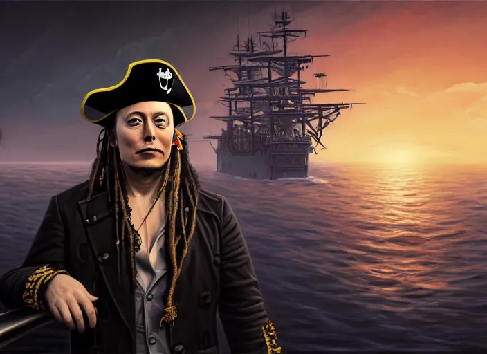 Image similar to highly detailed portrait of a sinister Elon Musk as a dread pirate captain, proudly posing at the helm of his frigate wearing an ornate pirate hat, full body, sinking smoking ship in the background at sunset, artstation, cinematic lighting, hyperdetailed, cgsociety, 8k, high resolution, insanely detailed and intricate, concept art, smooth, sharp focus, illustration, art by John Collier and Albert Aublet and Krenz Cushart and Artem Demura and Alphonse Mucha