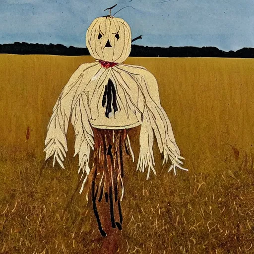 Image similar to a scarecrow in a field in the style of andrew wyeth