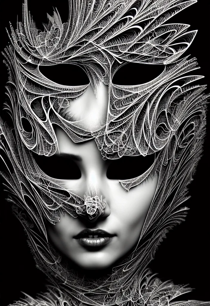 Image similar to young beautiful woman with a face covering fractal, mandelbulb mask. speed painting, scribble art. black and white, black on black. intricate, elegant, super highly detailed, professional digital painting, smooth, 8k, 3D, beautiful, cinematic. art deco, futurism, 3D, Unreal Engine, photorealistic.