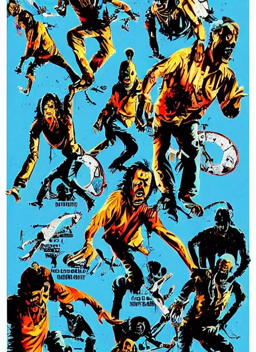 Image similar to a poster of a group of zombies on a surfboard, poster art by john carpenter, featured on deviantart, toyism, movie poster, concert poster, poster art