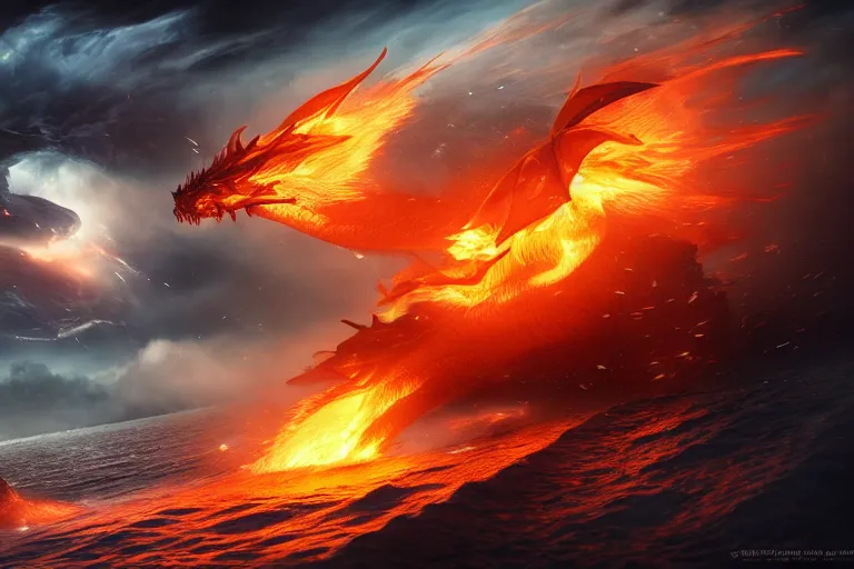 Image similar to fire dragon with lightnings and smoke is fighting against giant water monster with huge waves, CGsociety, full length, exquisite detail, post-processing, masterpiece, volumetric lighting, cinematic, hypermaximalistic, high details, cinematic, 8k resolution, beautiful detailed, insanely intricate details, sharp edges, smooth focus, low angle, tilted