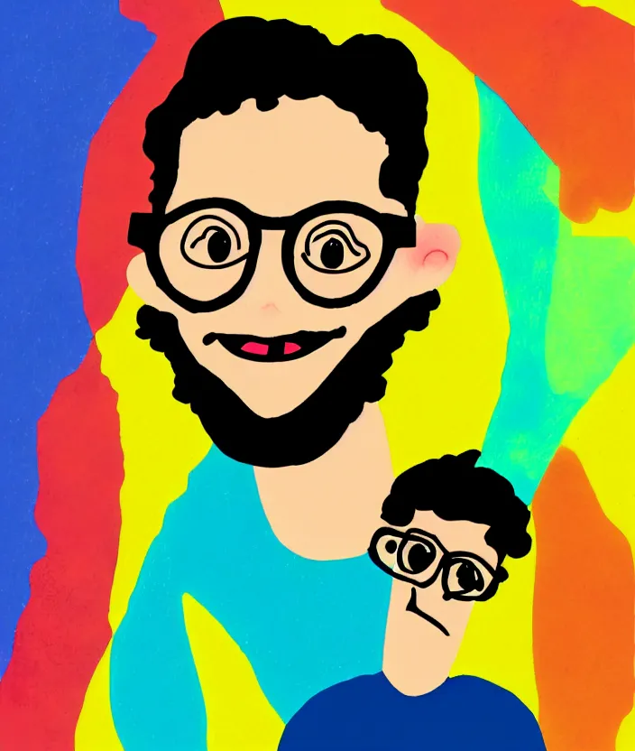 Prompt: illustration of jewish young man with glasses, dark very short curly hair smiling, in the style of antoine de saint - exupery colorful