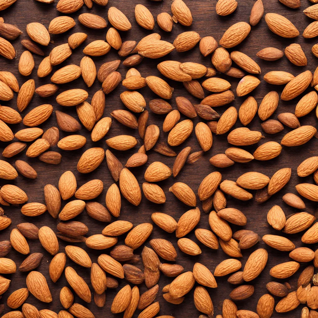 Image similar to top-down view with almonds top of a wooden table, wallpaper, 4k, photorealistic