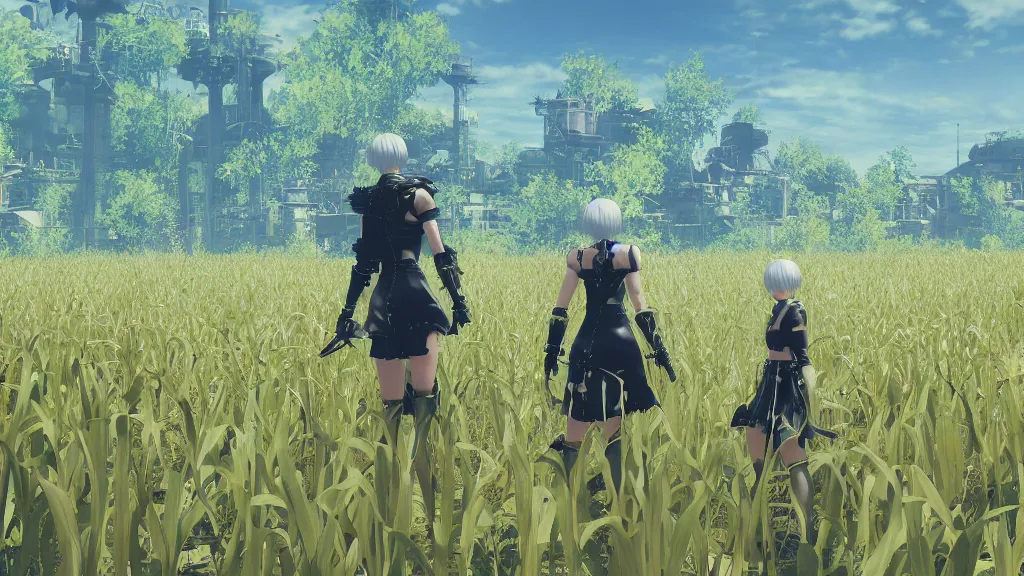 Prompt: Screenshot from Nier Automata in a beautiful countryside corn field