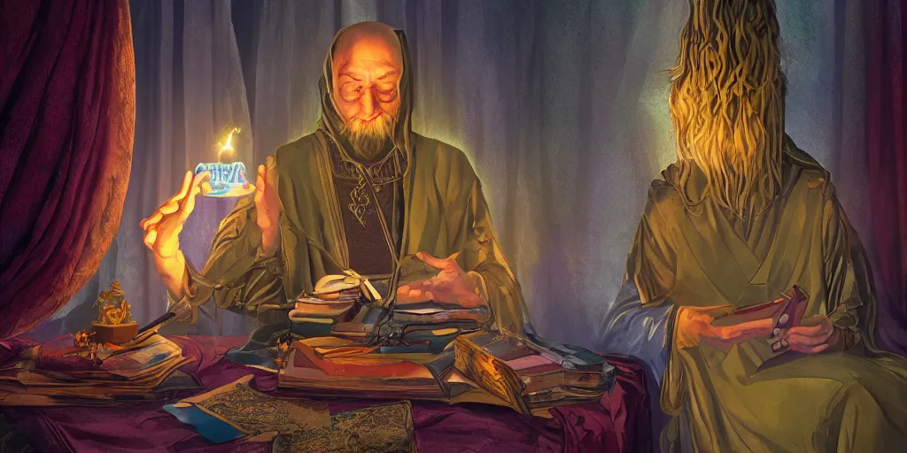 Image similar to wizard performing a tarot reading, cards, fantasy, digital art, soft lighting, 8 k