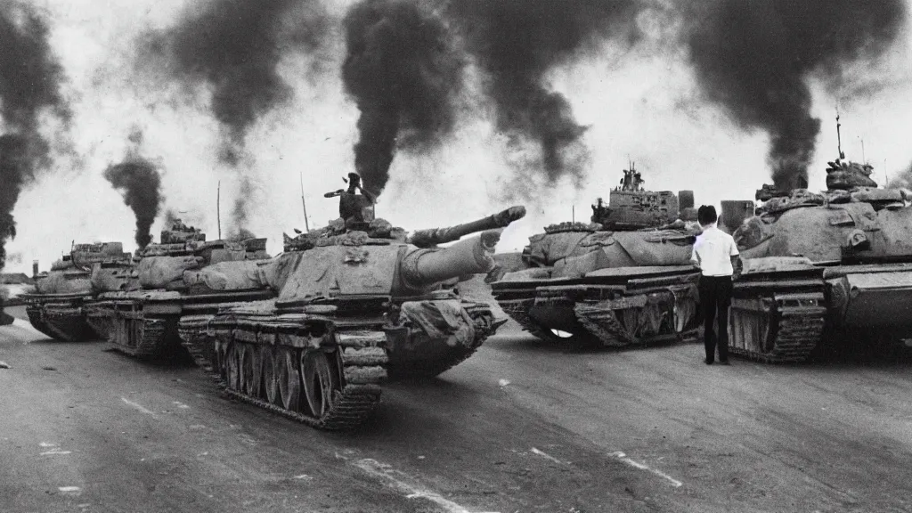 Image similar to old historic photograph with person in white shirt, holding grocery bags, standing alone on the road facing four battle tanks approaching him, intense photo