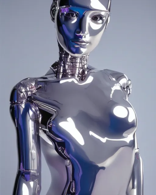 Prompt: Hajime Sorayama designed Metallic Robot Woman, Studio Lighting. Robot woman’s skin made out of reflective chrome, Hyperreal