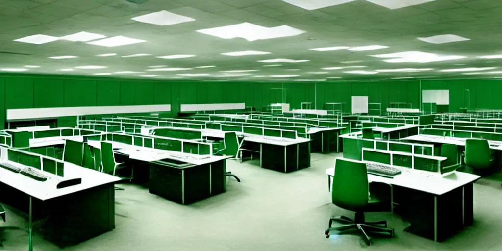 Image similar to a large 1970's computing room with 9-track machines and green glowing screens. by IBM by Amdahl.