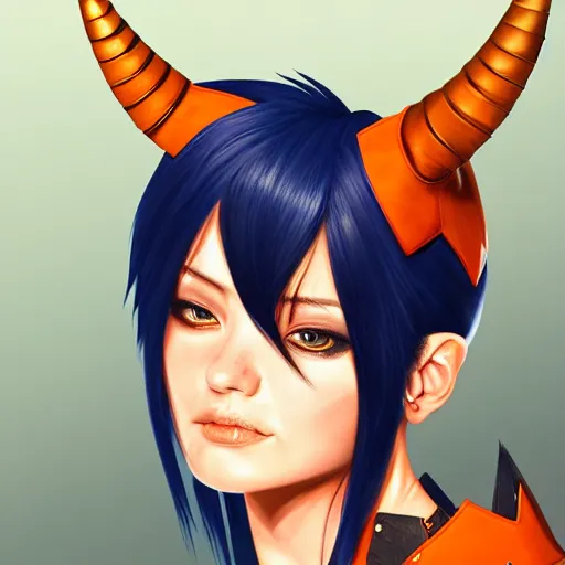 Image similar to illustrated realistic tilted head portrait female prong-horned kobold with blue bob hair with black-eyes wearing strap leather armor, orange glow, backlit by rossdraws