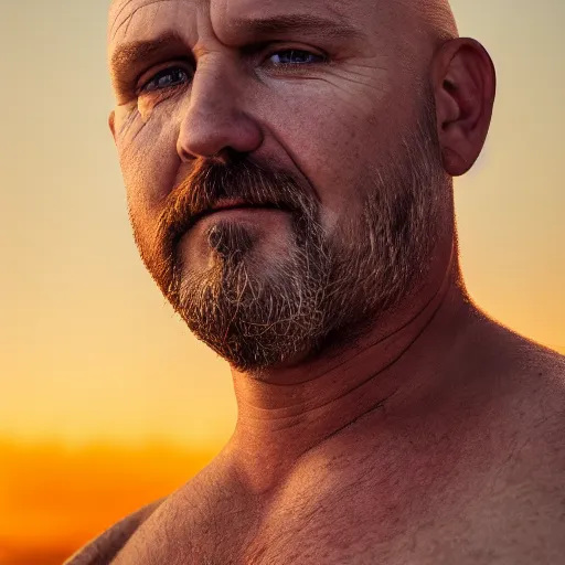 Prompt: 8k photography from a thin balded middle aged man with a short goatee beard and black eye shadow , golden hour, Photography by Jimmy Nelson