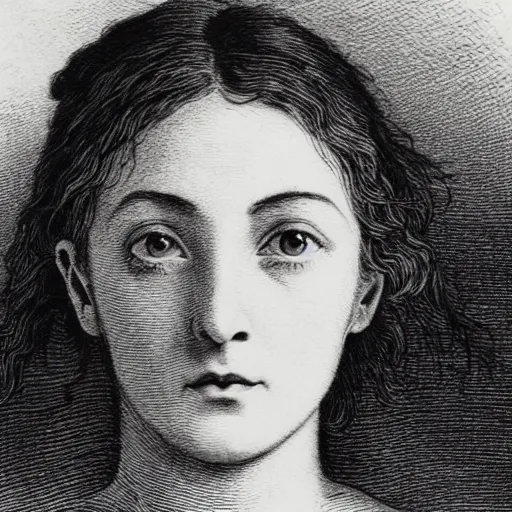 Image similar to extreme close-up, black and white, eyes of a young french woman, marie laforet as model, Gustave Dore lithography