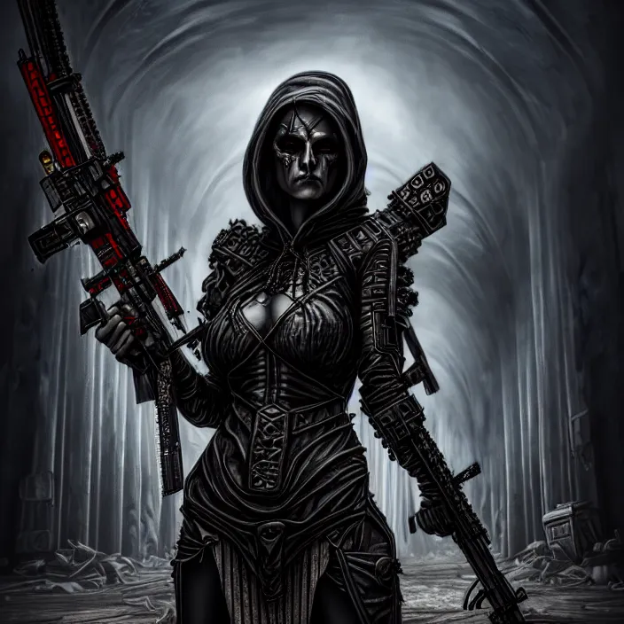 Prompt: apocalyptic woman in hood standing in hall of weaponry, hyper - detailed, smooth, sharp focus, 4 k ultra hd, fantasy dark art