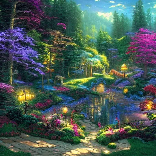 Prompt: magical forest by Thomas Kinkade