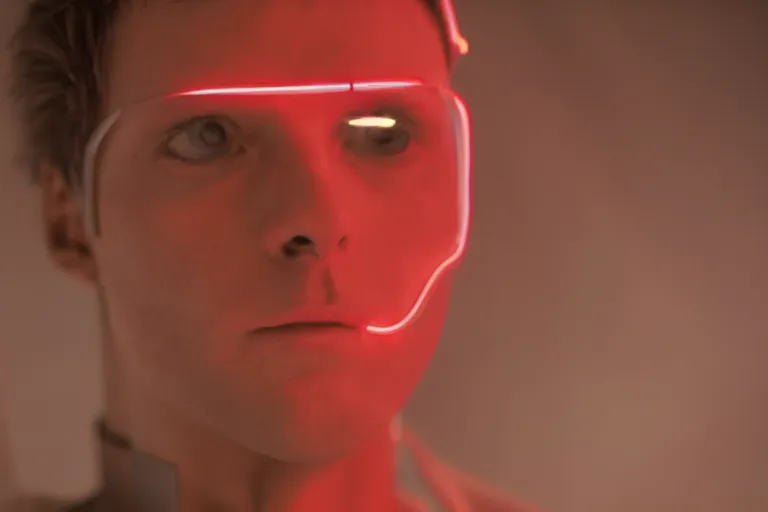 Image similar to VFX movie of a futuristic spaceman closeup portrait in high tech spaceship, beautiful natural skin neon lighting by Emmanuel Lubezki