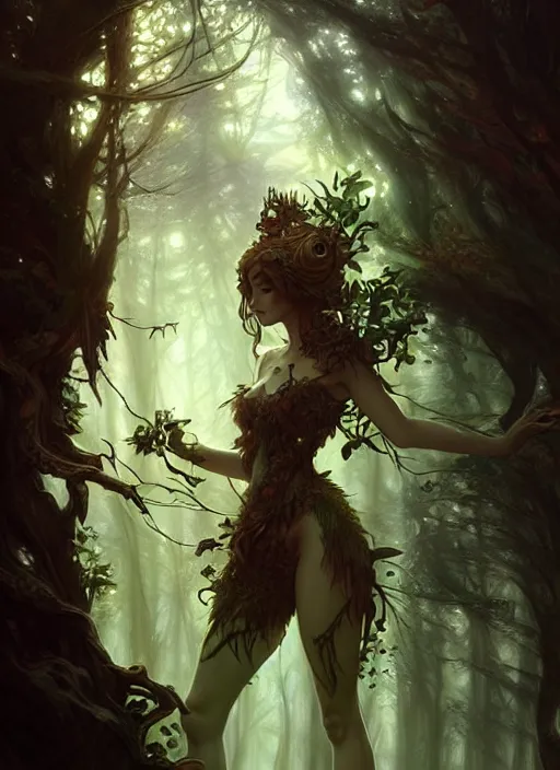 Image similar to a cute forest elemental, with fingers, fantasy, intricate, elegant, highly detailed, digital painting, artstation, concept art, wallpaper, smooth, sharp focus, illustration, art by artgerm and greg rutkowski and alphonse mucha