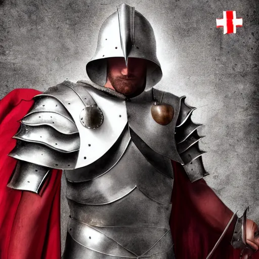 Prompt: man in decorated crusader armor and white cape with big red cross on it digital art realistic high detail