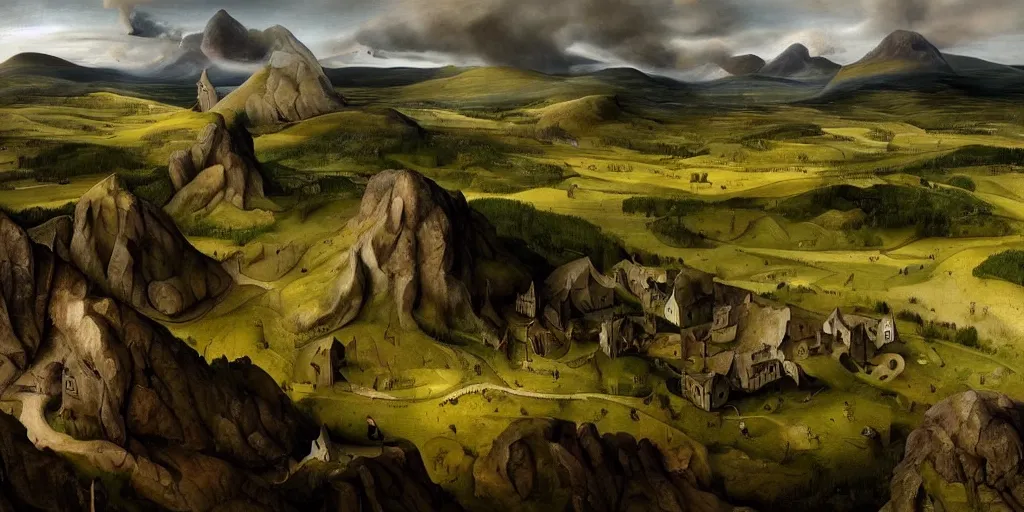 Image similar to very very Beautiful landscape of Aberdeenshire and Bennachie hill in the centre of the painting, physically accurate, dramatic dynamic lighting, intricate, elegant, highly detailed, digital painting, artstation, very hyperrealistic, Hieronymus Bosch, very very Tomas Sanchez, Renaissance, concept art, smooth, sharp focus, illustration, art by artgerm and greg rutkowski and alphonse mucha